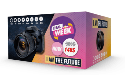 Box featuring a deal on a camera.